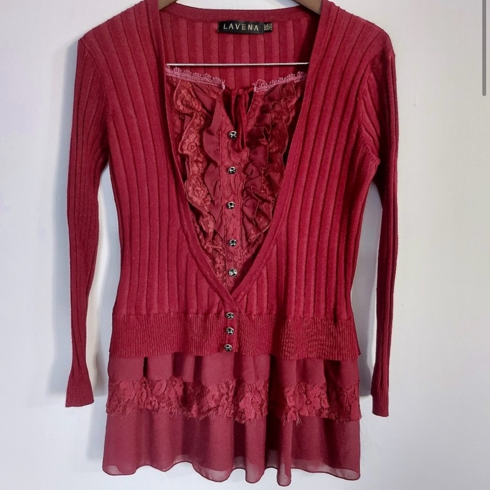 Lavena Romantic Pull On Sweater Cranberry Ruffles Bow Tie Buttons XXL